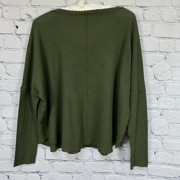 Lulus Basic V-Neck Waffle Knit Top, Size Small, Olive Green - Picture 2 of 8